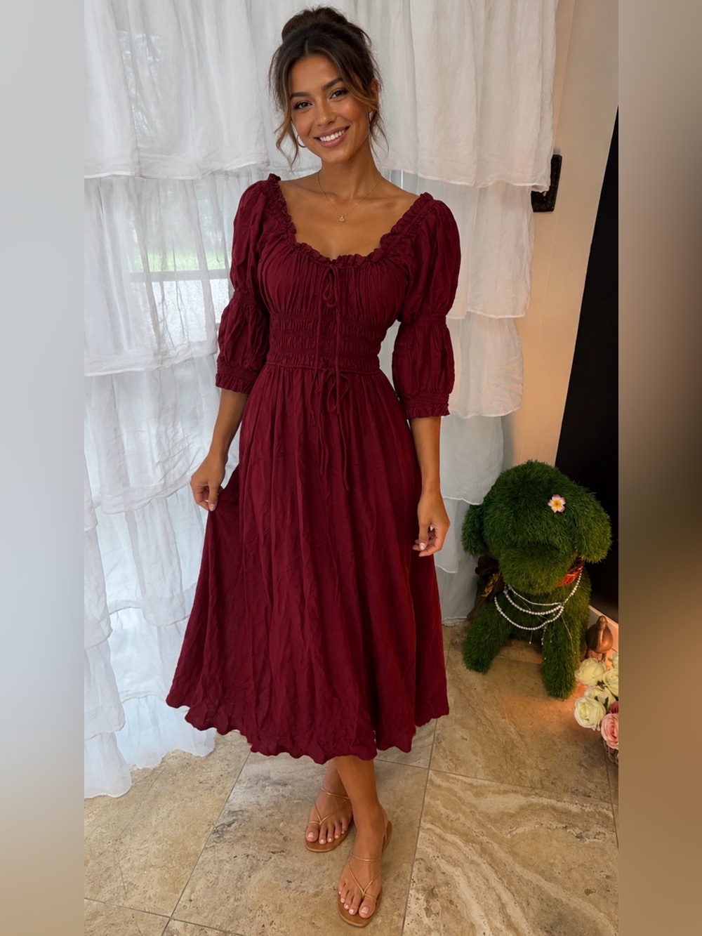 Dôen Sweetheart Neck Smocked Midi Dress - Burgundy